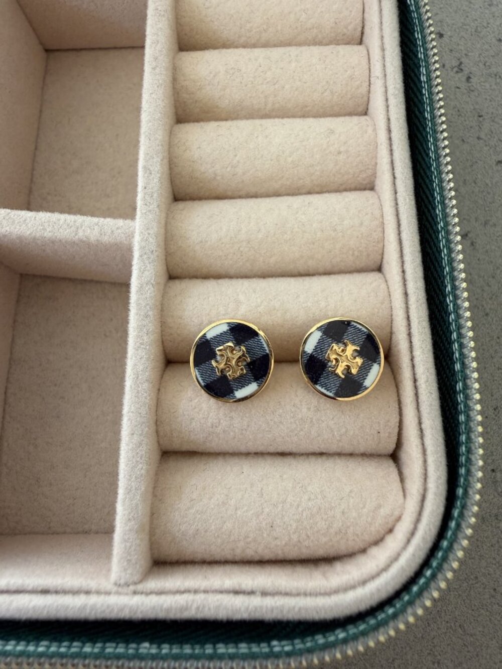 Tory Burch Kira Circle Stud Earrings Navy Gingham Plaid Double T Gold Tone